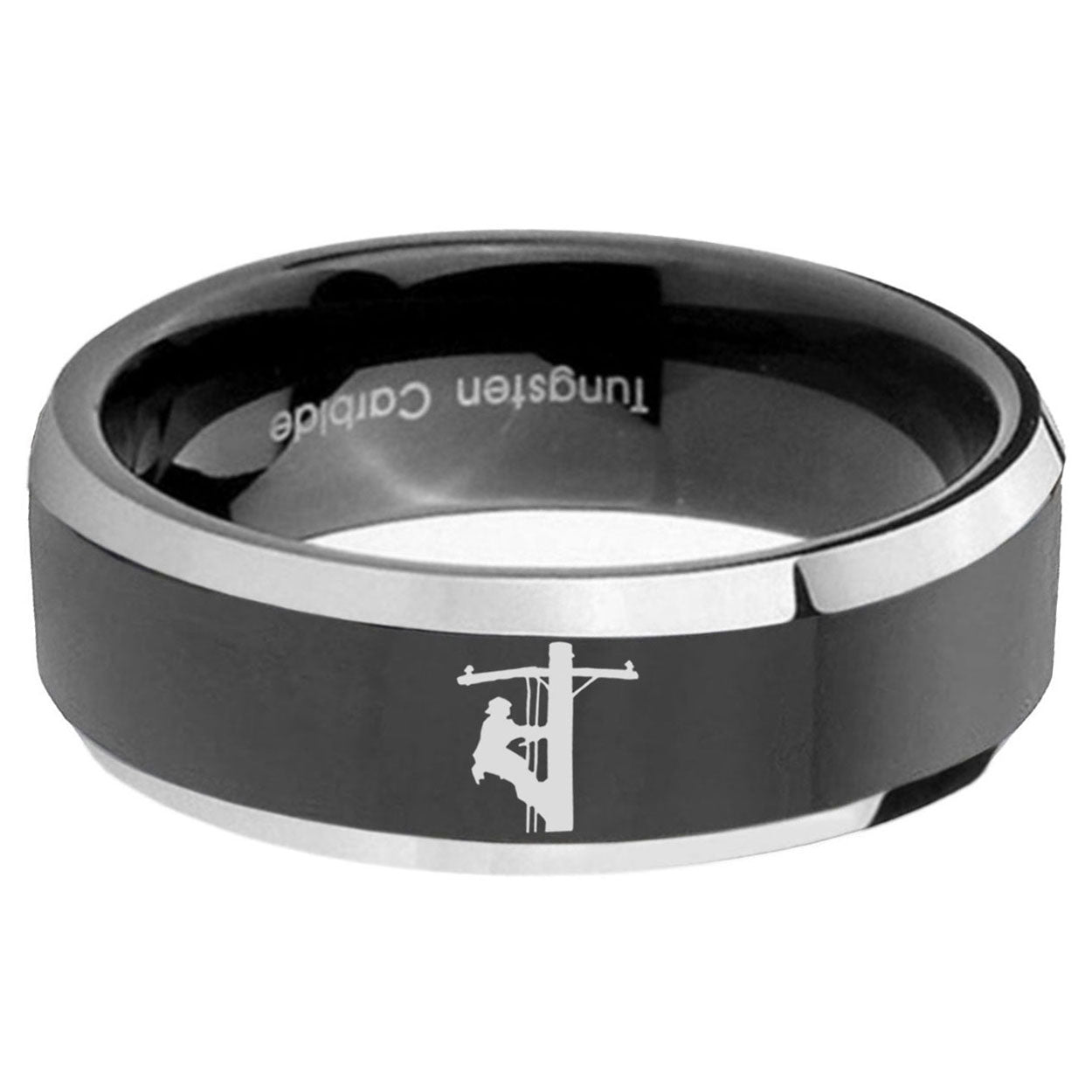5mm Lineman Symbol Beveled Edge Black Wedding Ring Mens