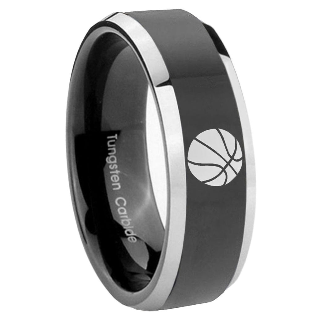 10mm Basketball Beveled Edges Glossy Black 2 Tone Tungsten Mens Engagement Ring