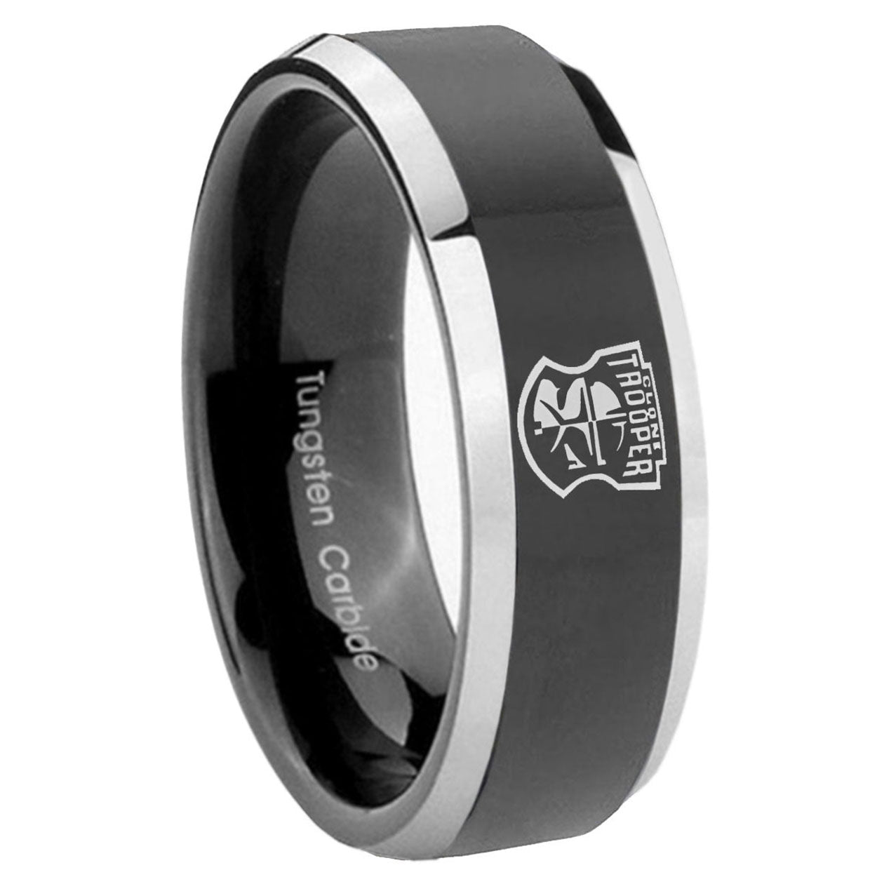 8mm Clone Trooper Beveled Glossy Black 2 Tone Tungsten Ring