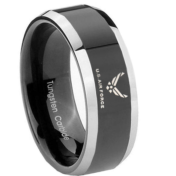 10mm-Beveled-Two-Tone-US-Air-Force-Shiny-Black-Middle-Tungsten-Men's-Ring