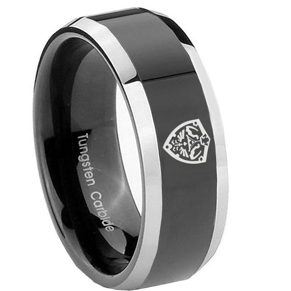 10mm-Zelda-Hylian-Shield-Beveled-Glossy-Black-2-Tone-Tungsten-Mens-Wedding-Band