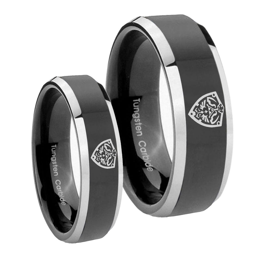 Zelda Hylian Shield Beveled Glossy Black 2 Tone Tungsten Bridal Set Rings