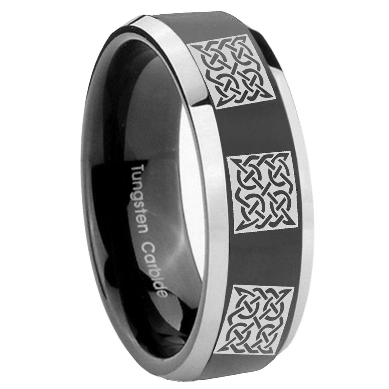 8mm Multiple Celtic Bevel Glossy Black 2 Tone Tungsten Ring
