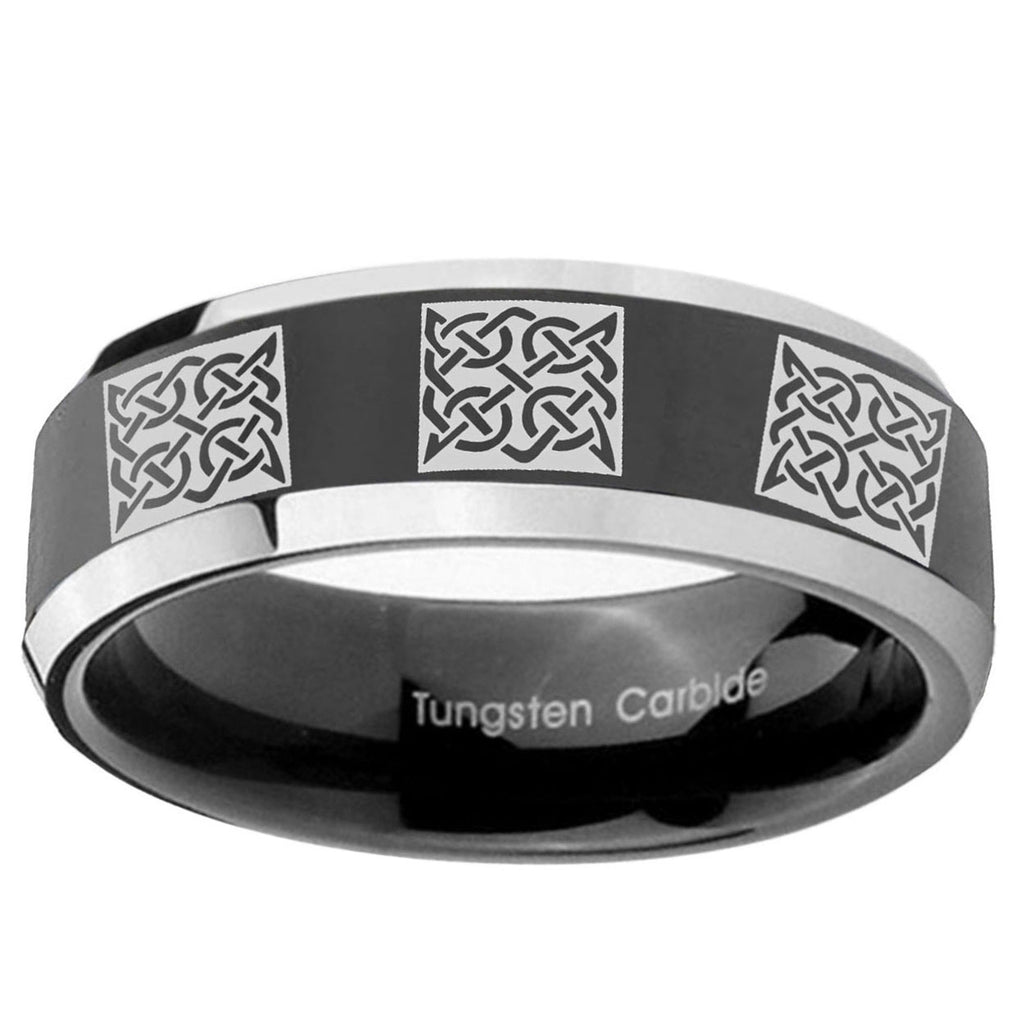 10mm Multiple Celtic Beveled Edge Glossy Black 2 Tone Tungsten Mens Ring