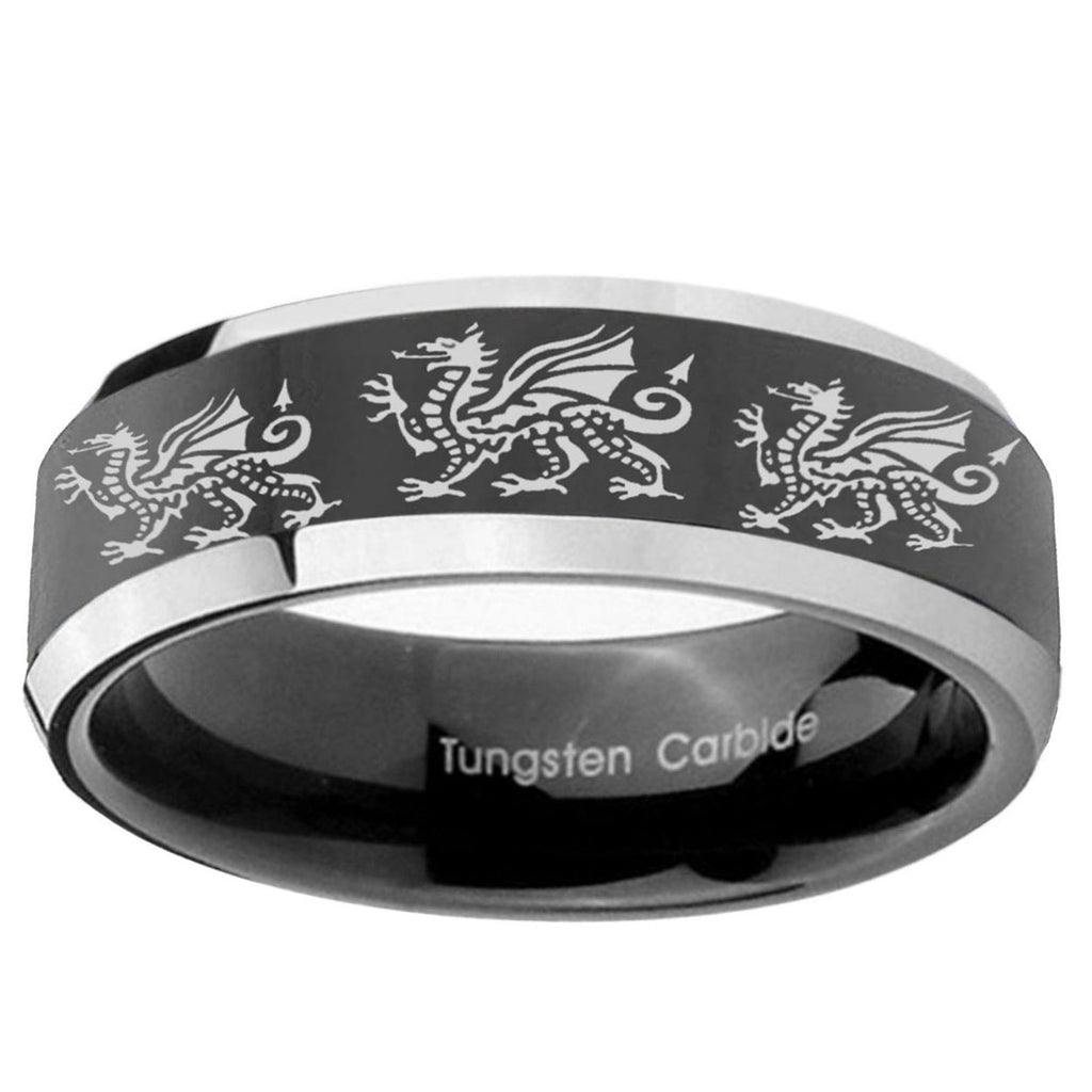 10mm Multiple Dragon Beveled Edge Glossy Black 2 Tone Tungsten Ring