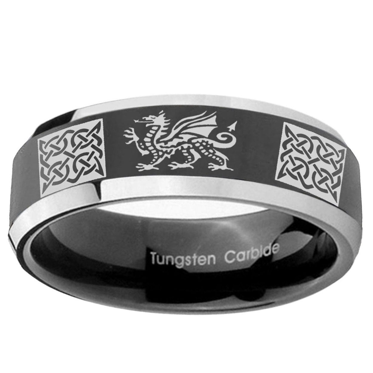 5mm Multiple Dragon Celtic Bevel Glossy Black 2 Tone Tungsten Ring