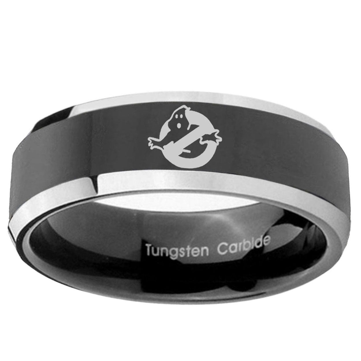10mm Ghostbusters Beveled Edge Glossy Black 2 Tone Tungsten Ring