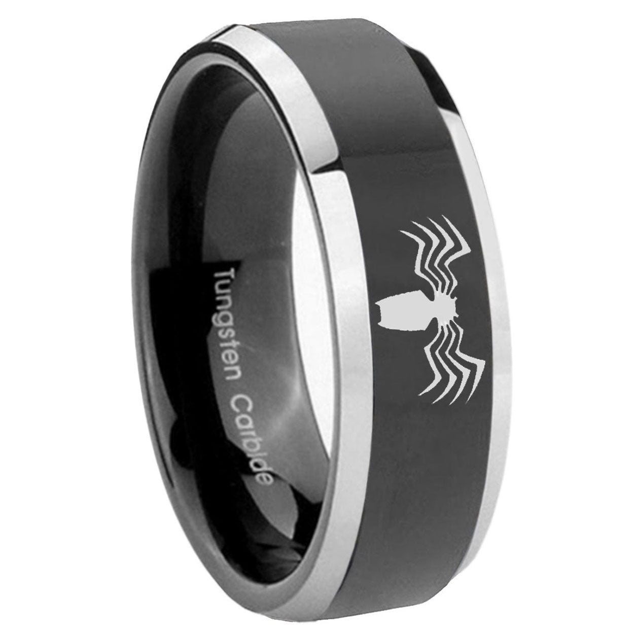 8mm Spider Beveled Edges Glossy Black 2 Tone Tungsten Ring