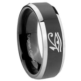 8mm Seeing Eye Beveled Edges Glossy Black 2 Tone Tungsten Carbide Engraved Ring