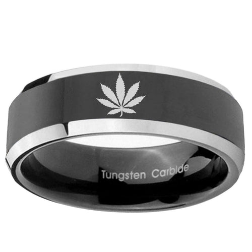 10mm Marijuana Leaf Beveled Edge Glossy Black 2 Tone Tungsten Promise Ring