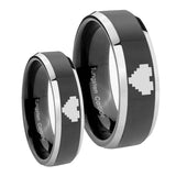 His Hers Shiny Black Bevel Zelda Heart 2 Tone Tungsten Wedding Rings Set