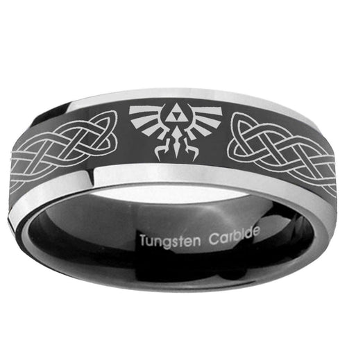 10mm Celtic Zelda Beveled Edge Glossy Black 2 Tone Tungsten Rings for Men