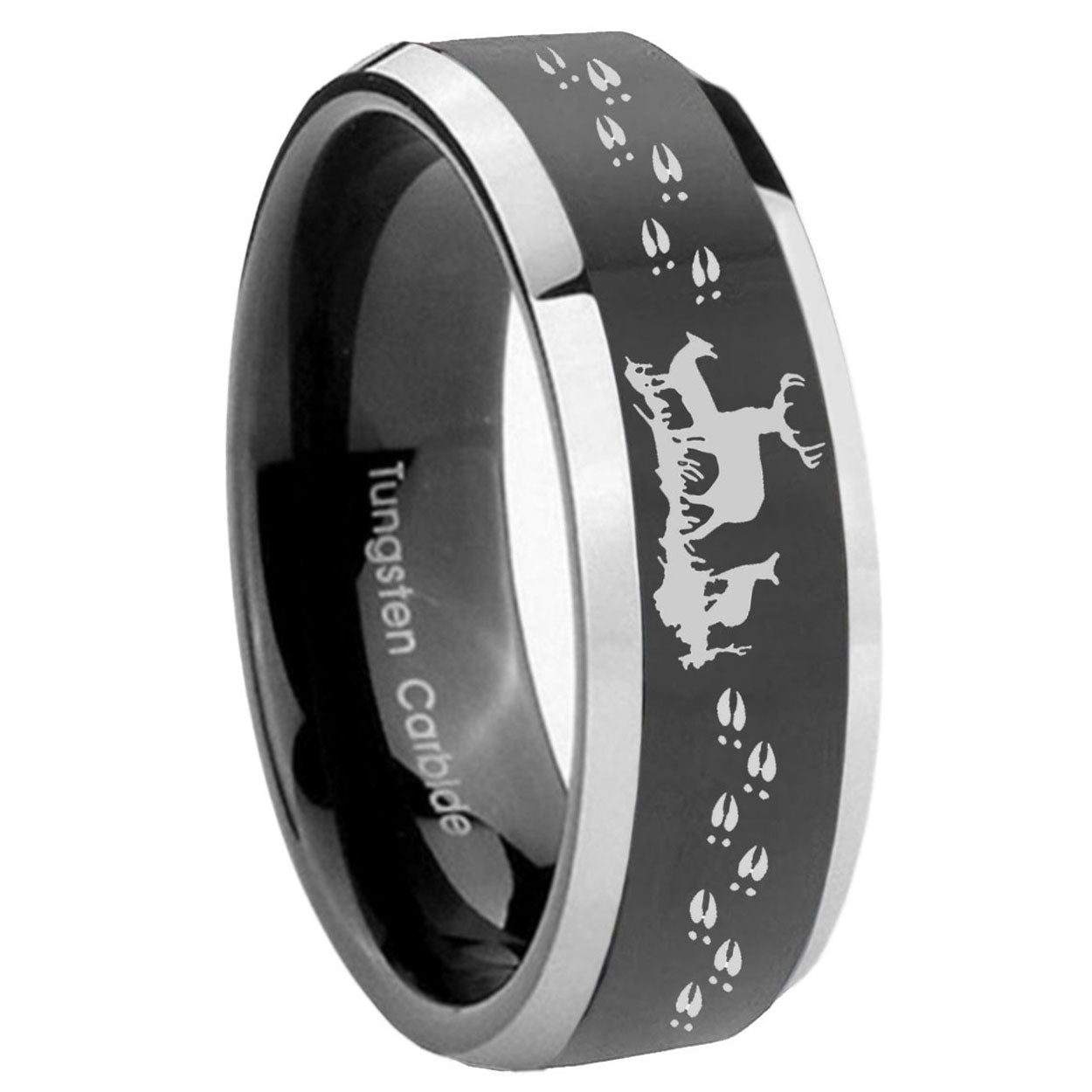 8mm Deer Hunting Beveled Glossy Black 2 Tone Tungsten Ring