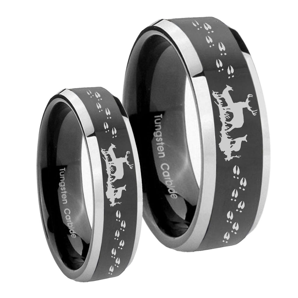 Deer Hunting Beveled Glossy Black 2 Tone Tungsten Couple Wedding Rings