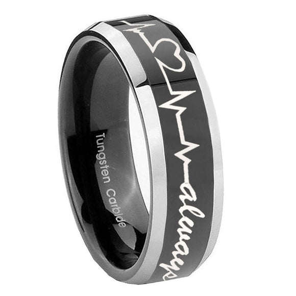 8mm-Heart-Beat-forever-Heart-always-Beveled-Glossy-Black-2-Tone-Tungsten-Mens-Ring