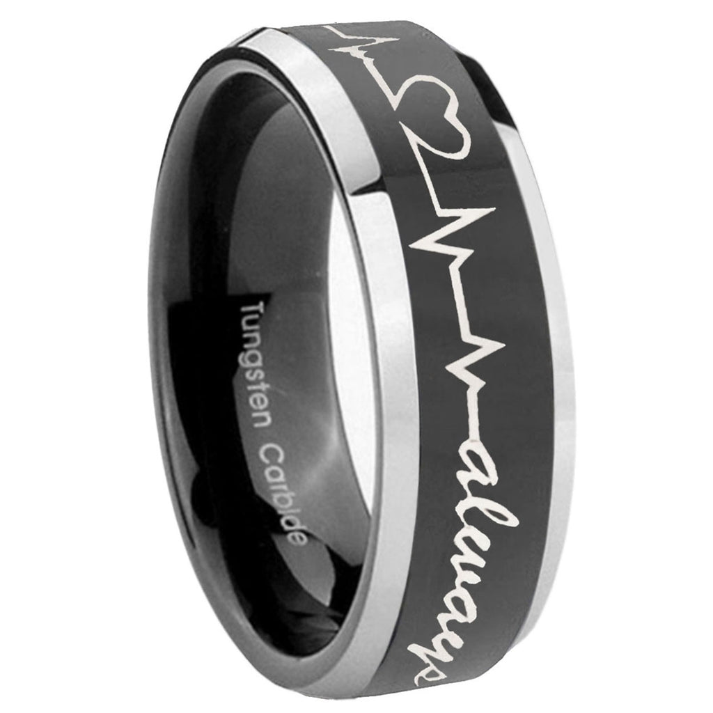 8mm Heart Beat forever Heart always Bevel Glossy Black 2 Tone Tungsten Ring