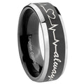 8mm Heart Beat forever Heart always Bevel Glossy Black 2 Tone Tungsten Ring