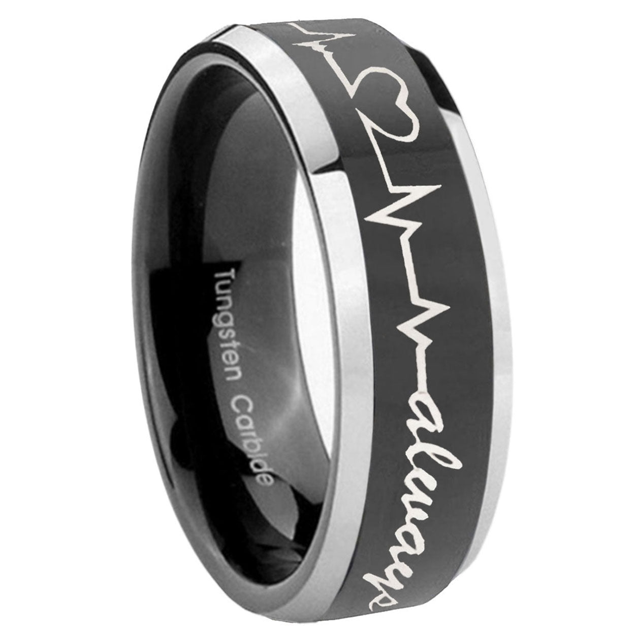 10mm Heart Beat forever Heart always Beveled Glossy Black 2 Tone Tungsten Mens Ring