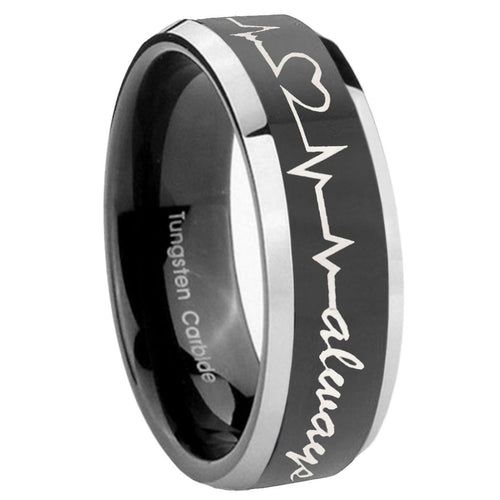 10mm Heart Beat forever Heart always Beveled Glossy Black 2 Tone Tungsten Mens Ring