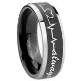 8mm Heart Beat forever Heart always Beveled Glossy Black 2 Tone Tungsten Mens Ring