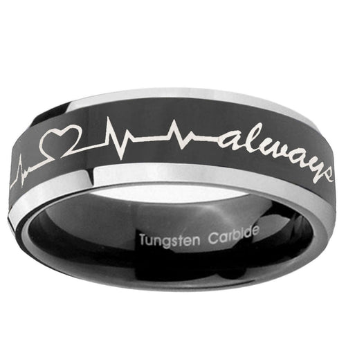 10mm Heart Beat forever Heart always Beveled Glossy Black 2 Tone Tungsten Mens Ring