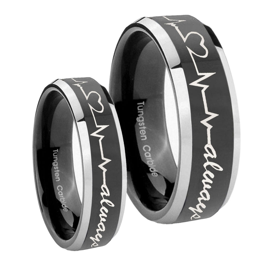 Heart Beat forever Heart always Beveled Glossy Black 2 Tone Tungsten Wedding Ring Set