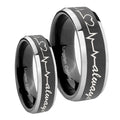 Heart Beat forever Heart always Beveled Glossy Black 2 Tone Tungsten Wedding Ring Set