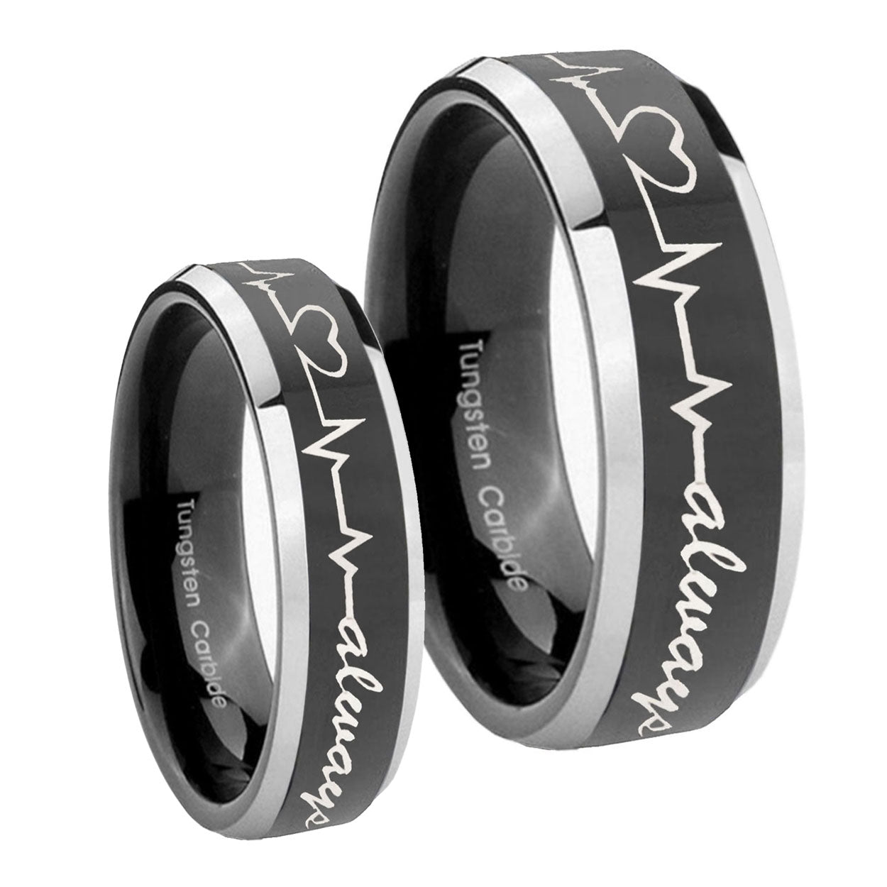 Heart Beat forever Heart always Beveled Glossy Black 2 Tone Tungsten Wedding Ring Set