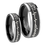 His Hers Heart Beat forever Heart always Beveled Glossy Black 2 Tone Tungsten Mens Set