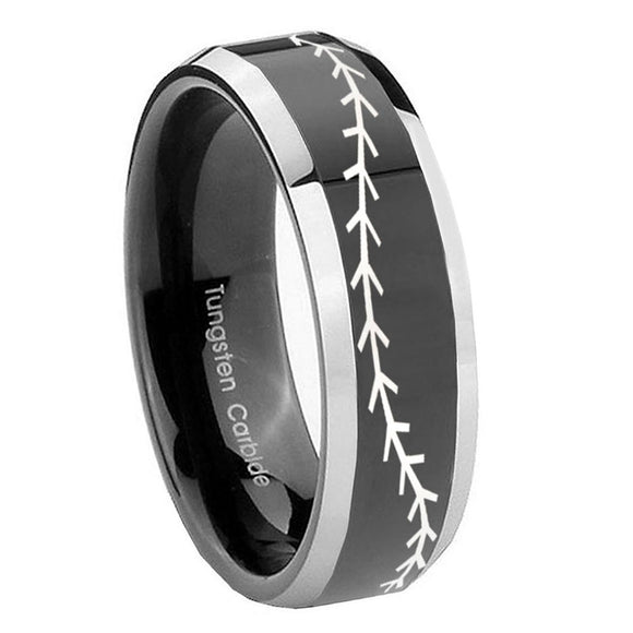 8mm-Baseball-Stitch-Beveled-Glossy-Black-2-Tone-Tungsten-Men's-Engagement-Band