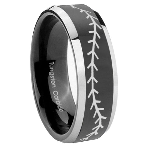 8mm Baseball Stitch Bevel Glossy Black 2 Tone Tungsten Ring