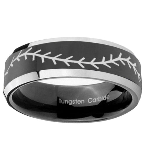 5mm Baseball Stitch Bevel Glossy Black 2 Tone Tungsten Ring