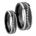 Baseball Stitch Beveled Glossy Black 2 Tone Tungsten His Hers Ring Set