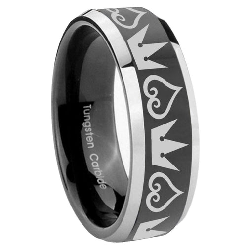 10mm Hearts and Crowns Beveled Glossy Black 2 Tone Tungsten Anniversary Ring
