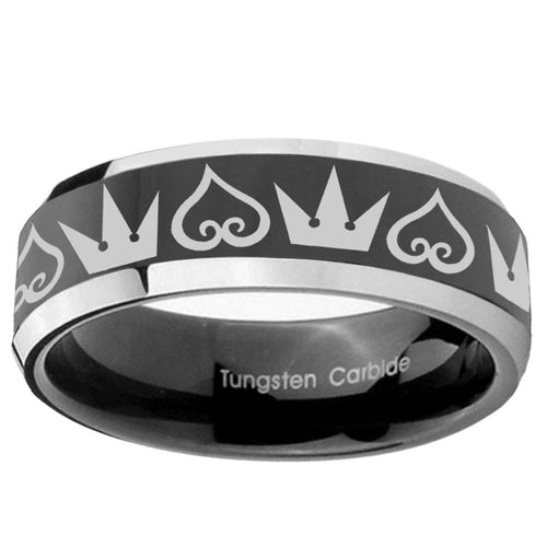 10mm Hearts and Crowns Beveled Glossy Black 2 Tone Tungsten Ring