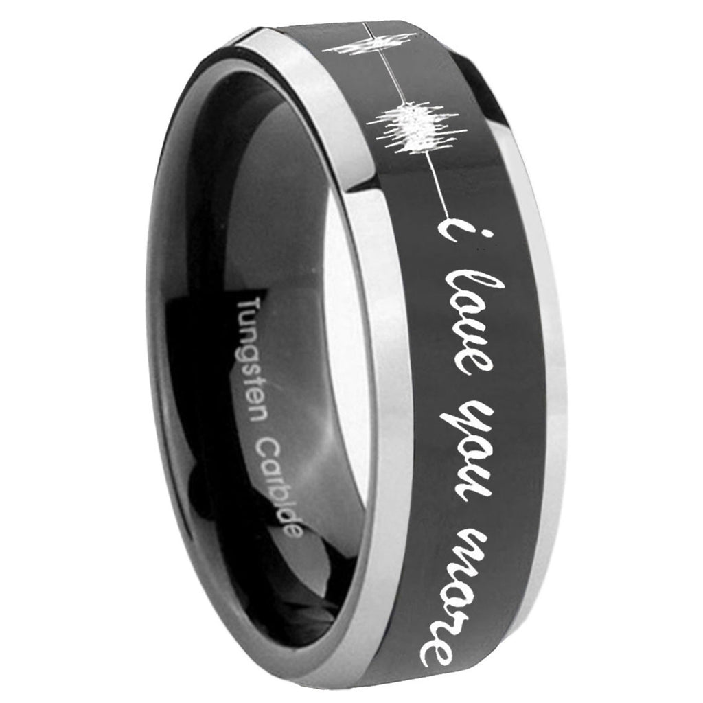 10mm Sound Wave I love you more Beveled Glossy Black 2 Tone Tungsten Mens Ring