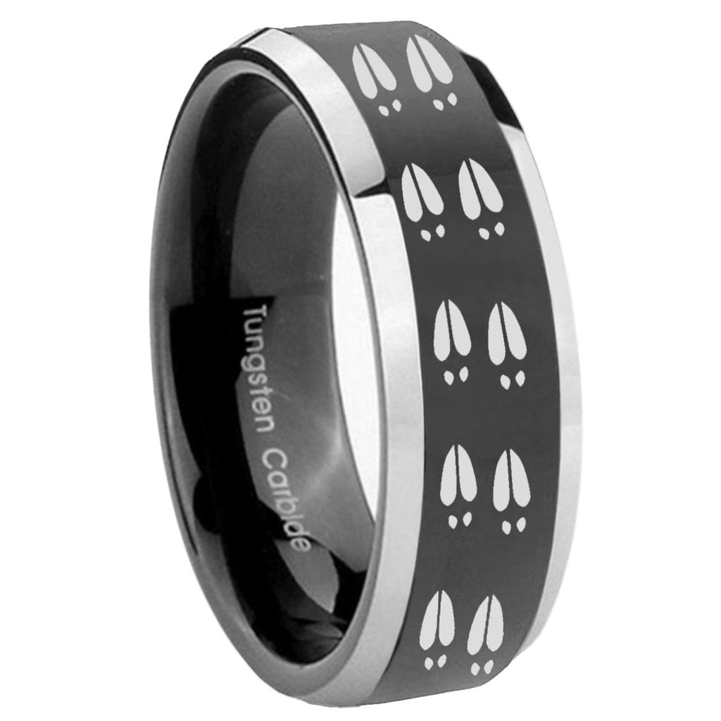 8mm Deer Tracks Beveled Glossy Black 2 Tone Tungsten Ring