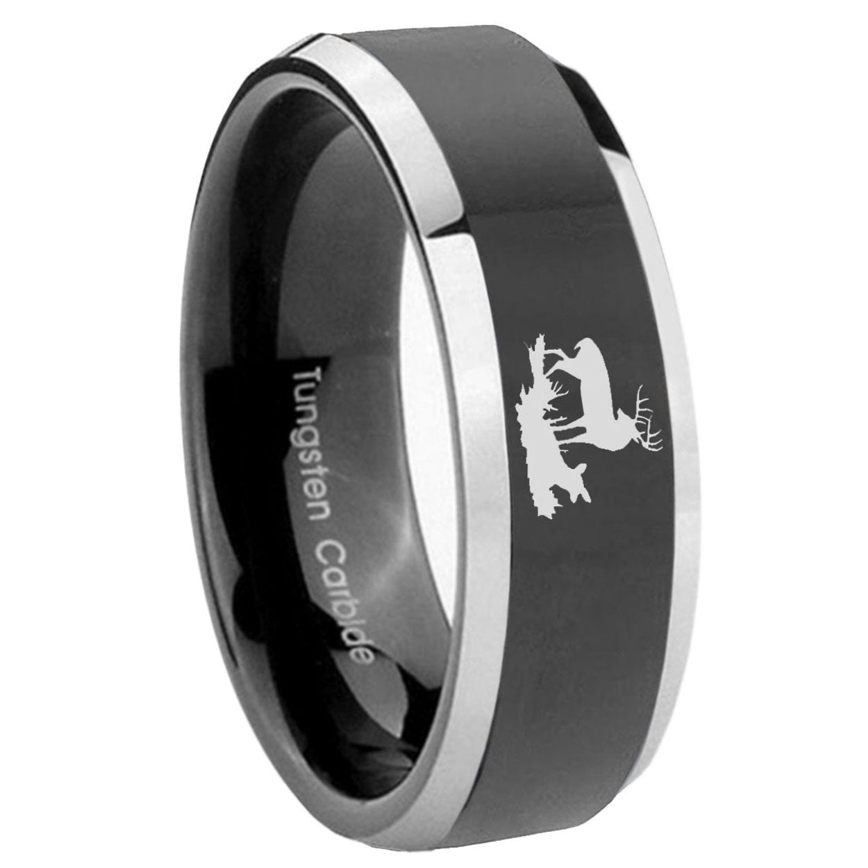 8mm Deer Hunting Bevel Glossy Black 2 Tone Tungsten Ring