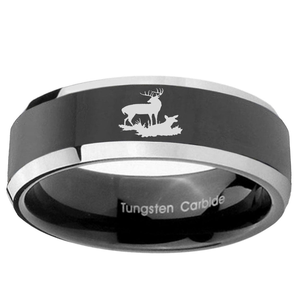 10mm Deer Hunting Beveled Glossy Black 2 Tone Tungsten Custom Ring for Men