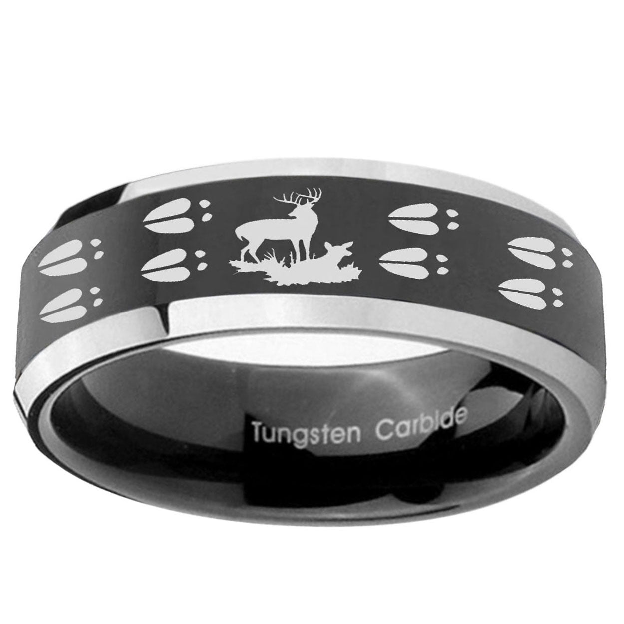 5mm Deer Hunting Tracks Bevel Glossy Black 2 Tone Tungsten Ring