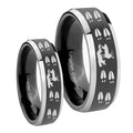 Deer Hunting Tracks Beveled Glossy Black 2 Tone Tungsten His Hers Ring Set