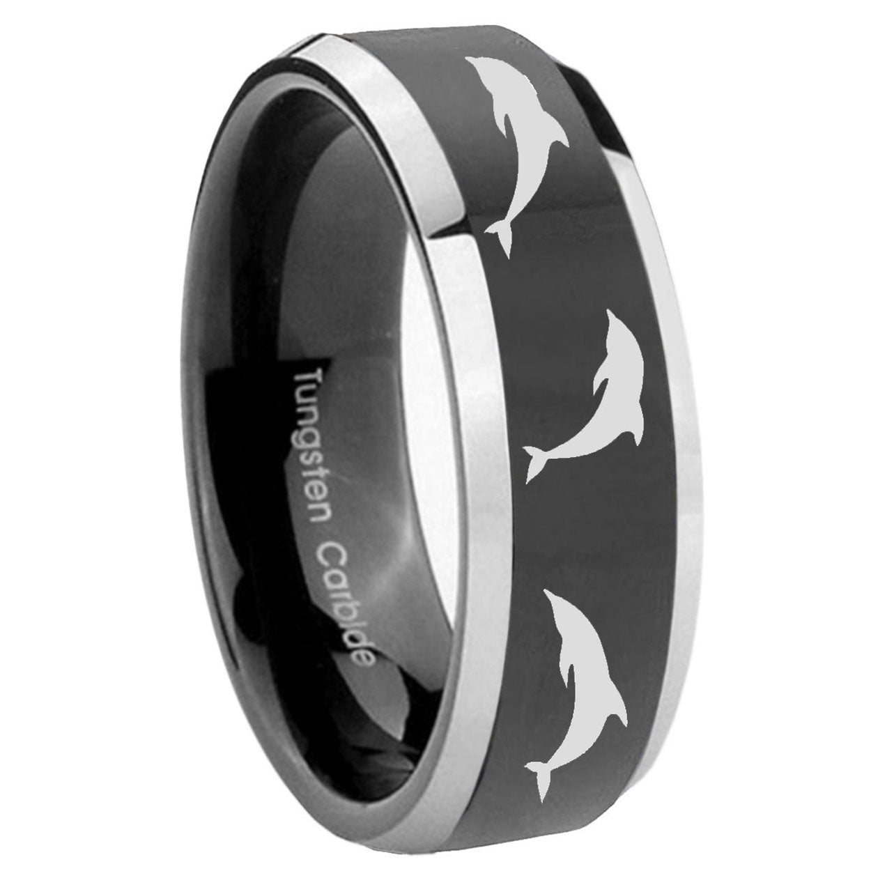 8mm Dolphins Beveled Glossy Black 2 Tone Tungsten Bands