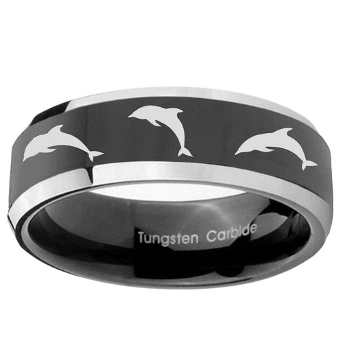 10mm Dolphins Beveled Edge Glossy Black 2 Tone Tungsten Ring