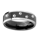 10mm-Paw-Print-Beveled-Edges-Glossy-Black-2-Tone-Tungsten-Mens-Anniversary-Ring