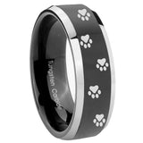 8mm Paw Print Beveled Edges Glossy Black 2 Tone Tungsten Men's Wedding Band