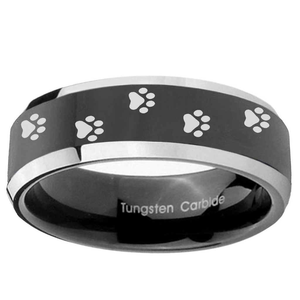 5mm Paw Print Beveled Glossy Black 2 Tone Tungsten Bands