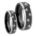 Paw Print Beveled Glossy Black 2 Tone Tungsten Matching Ring Set