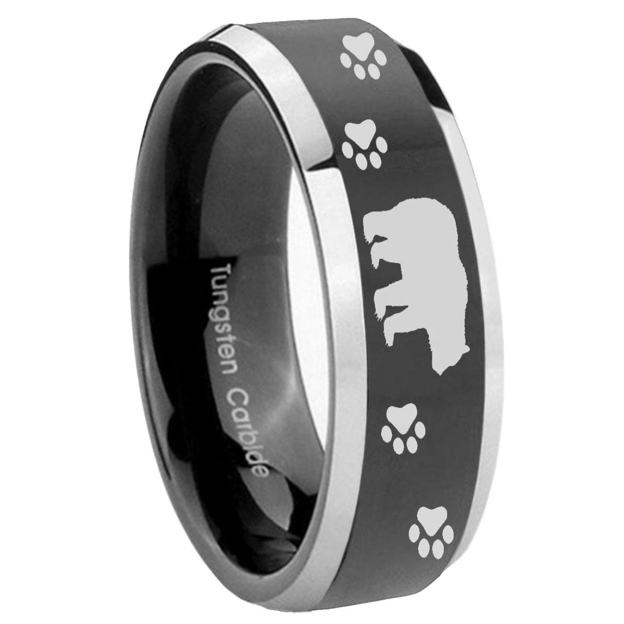 8mm Bear Paw Beveled Edges Glossy Black 2 Tone Tungsten Ring
