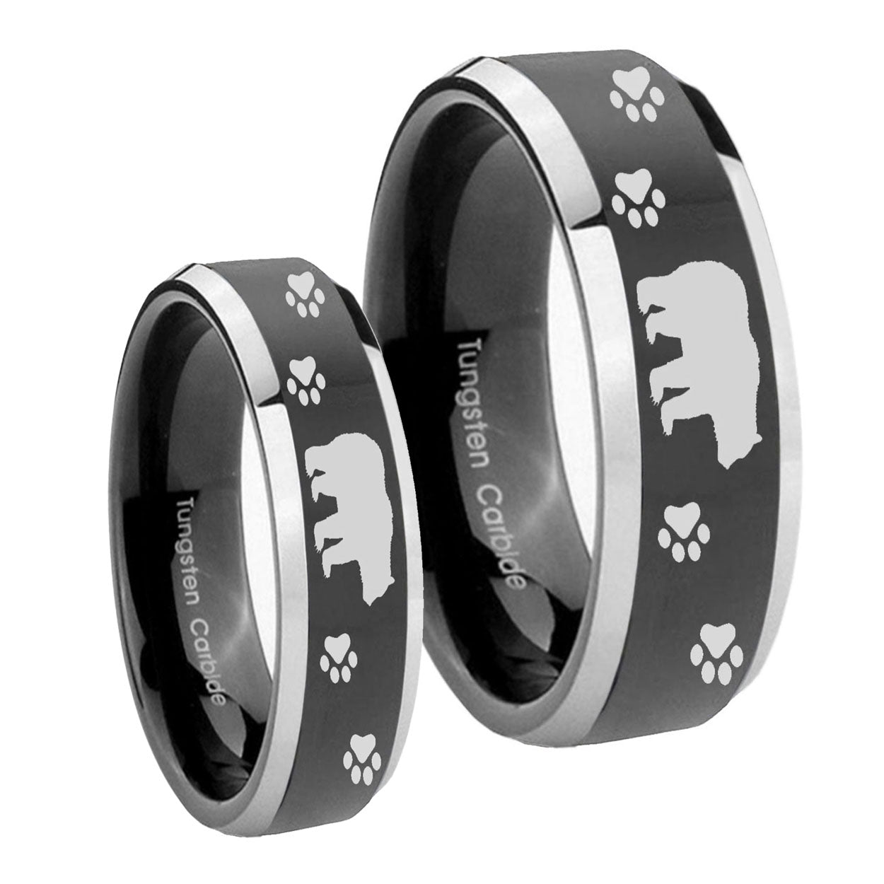 Bear and Paw Beveled Glossy Black 2 Tone Tungsten Wedding Ring Sets
