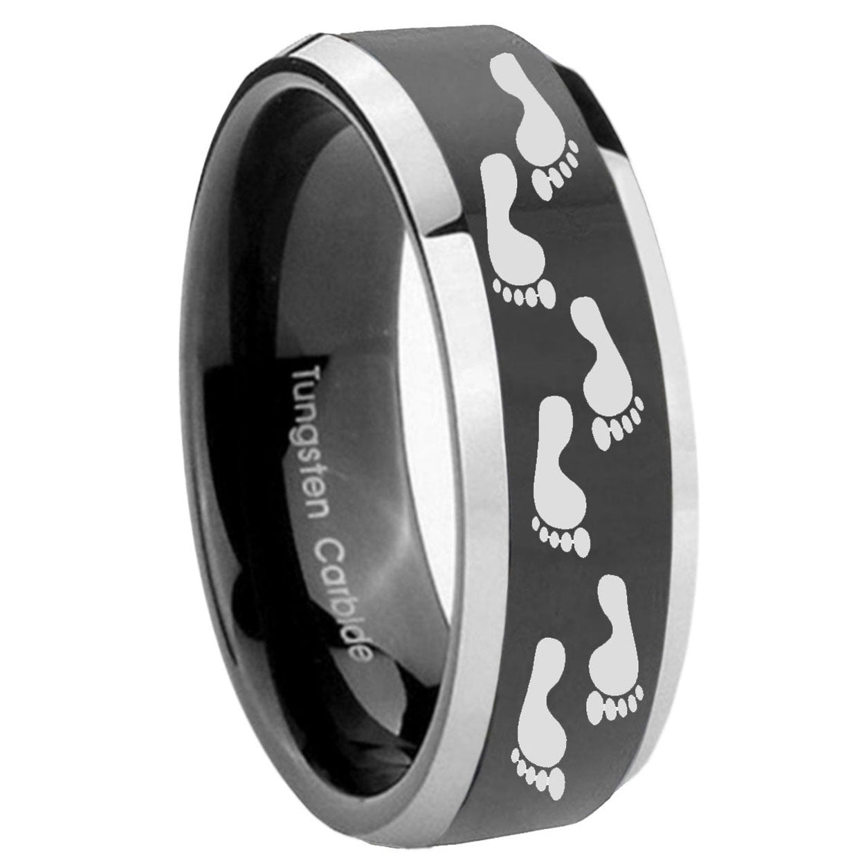 8mm Foot Print Beveled Glossy Black 2 Tone Tungsten Ring